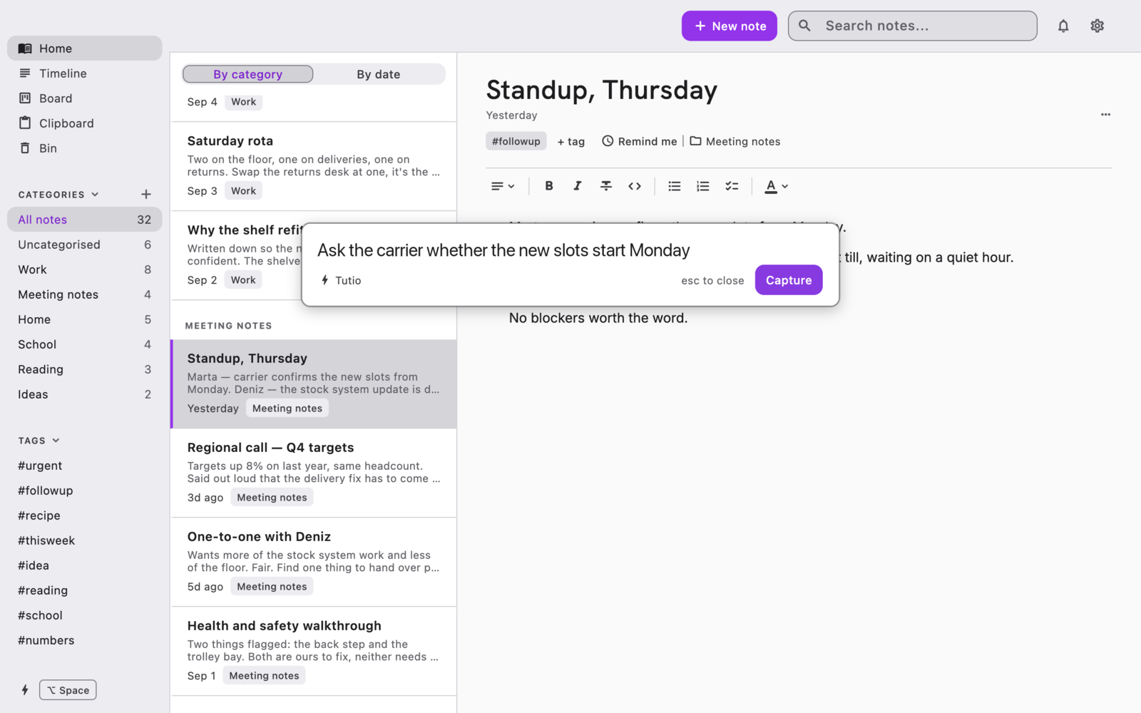 The Tutio capture panel floating over the app, with a sentence typed into it.