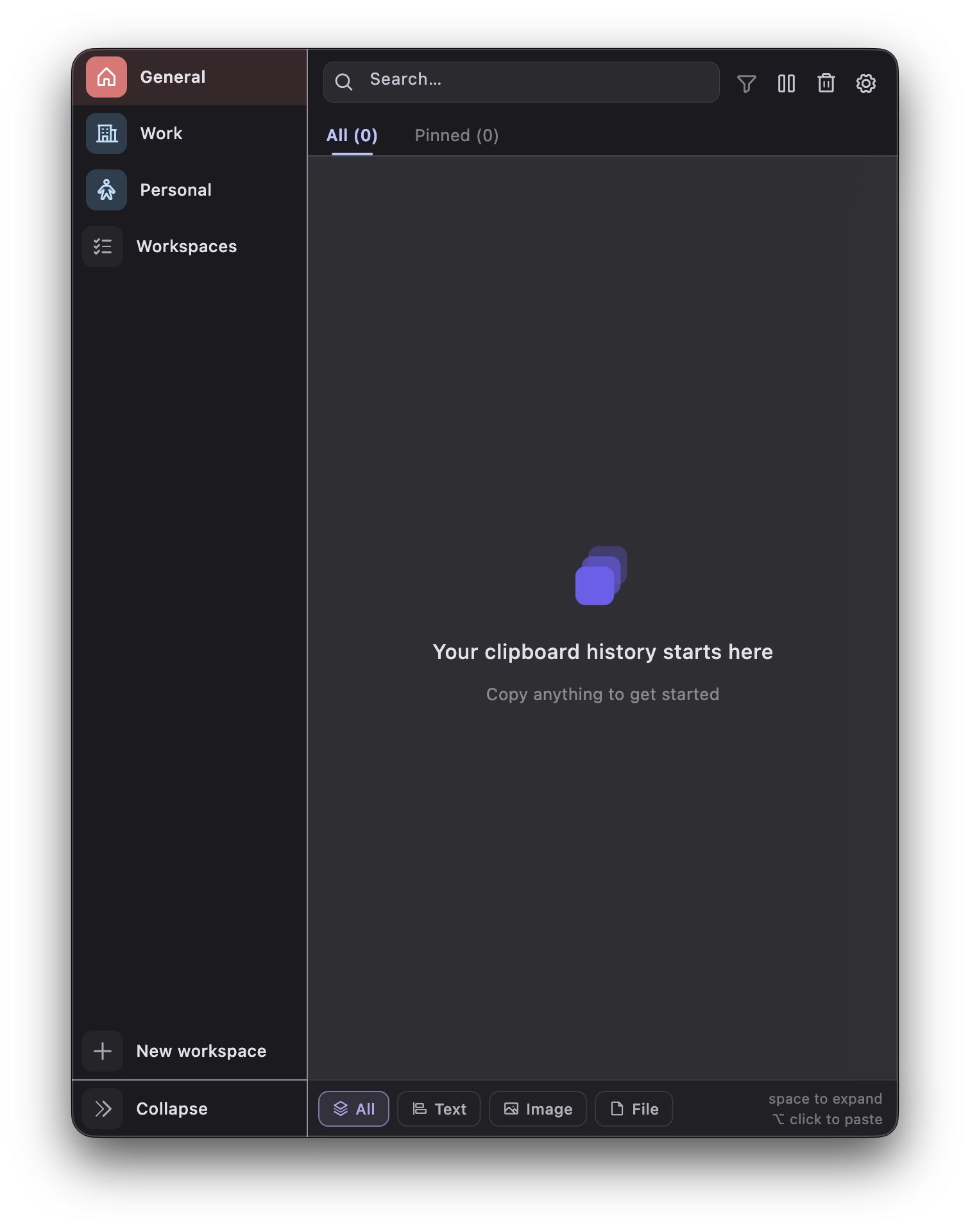 Izlio clipboard panel in dark mode, showing a pinned link, a tagged file, and a text snippet