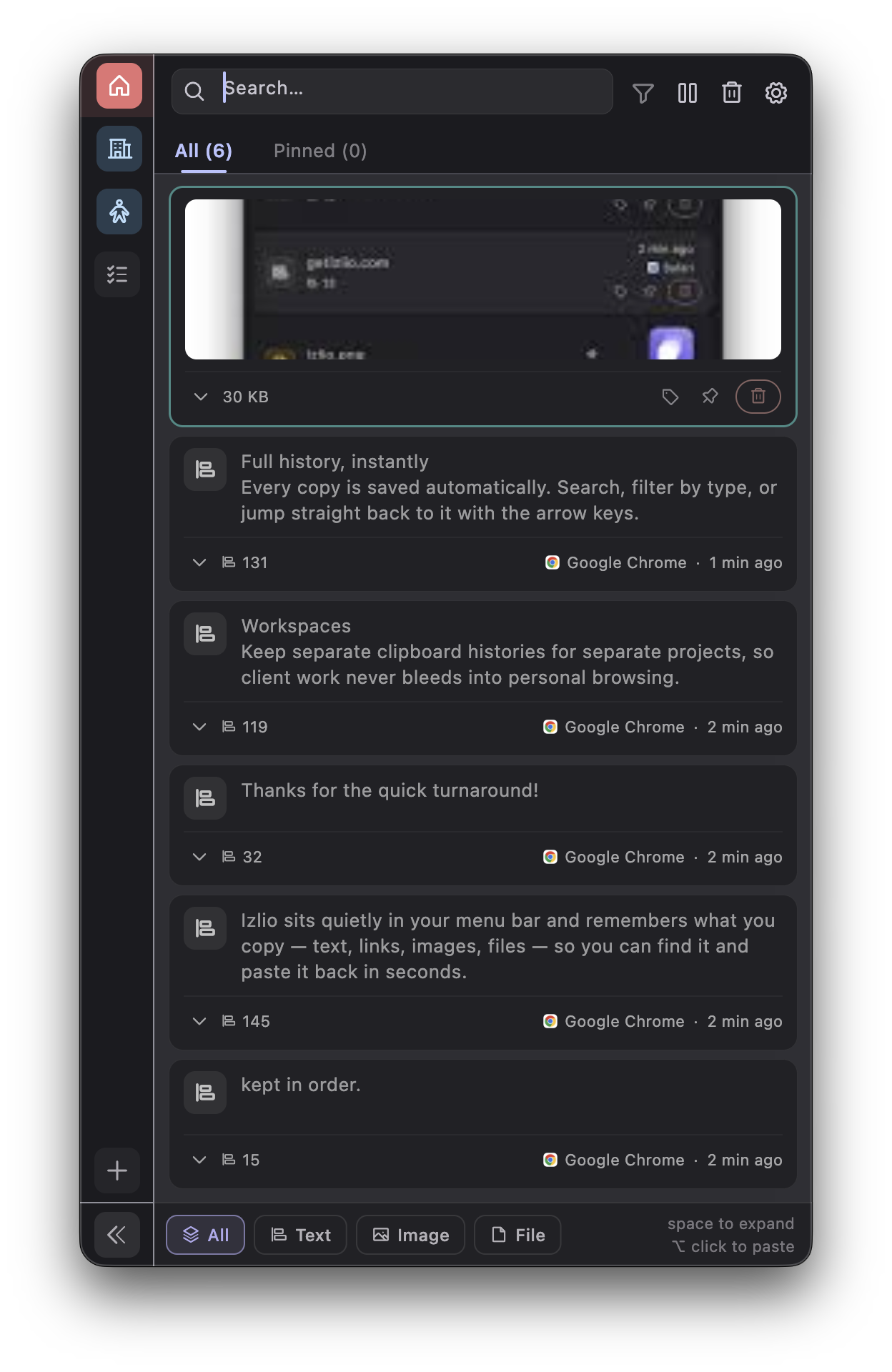 Izlio clipboard panel in light mode, showing a copied link and a text snippet