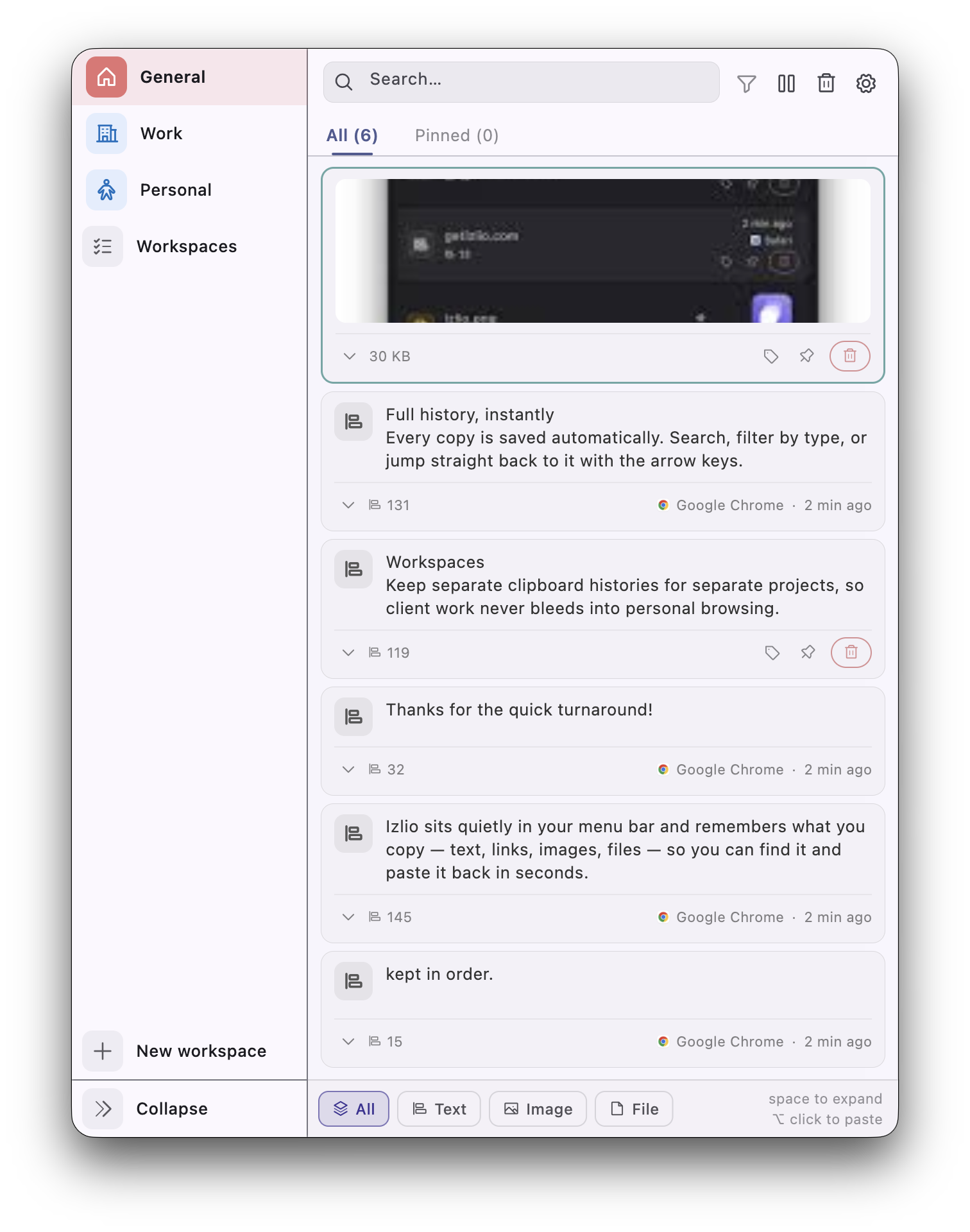 Izlio clipboard panel